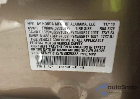 2011 Honda Pilot Ex-L from USA, damaged, VIN 5FNYF3H57BB029888
